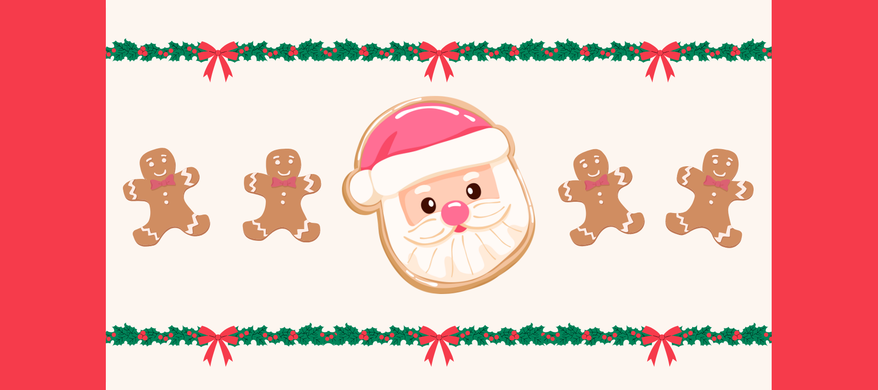 santa cookie surrounded by gingerbread man cookies and holly with red bows.